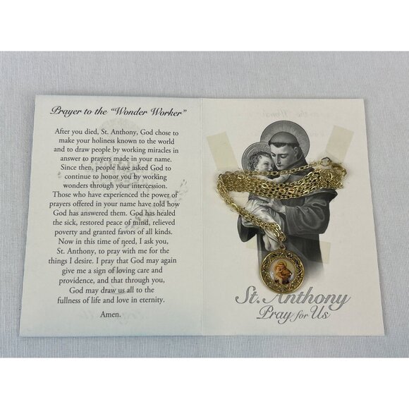 Vintage St. Anthony Gold-Tone Necklace & Prayer Card Gift Set Catholic NOS A - Picture 3 of 4